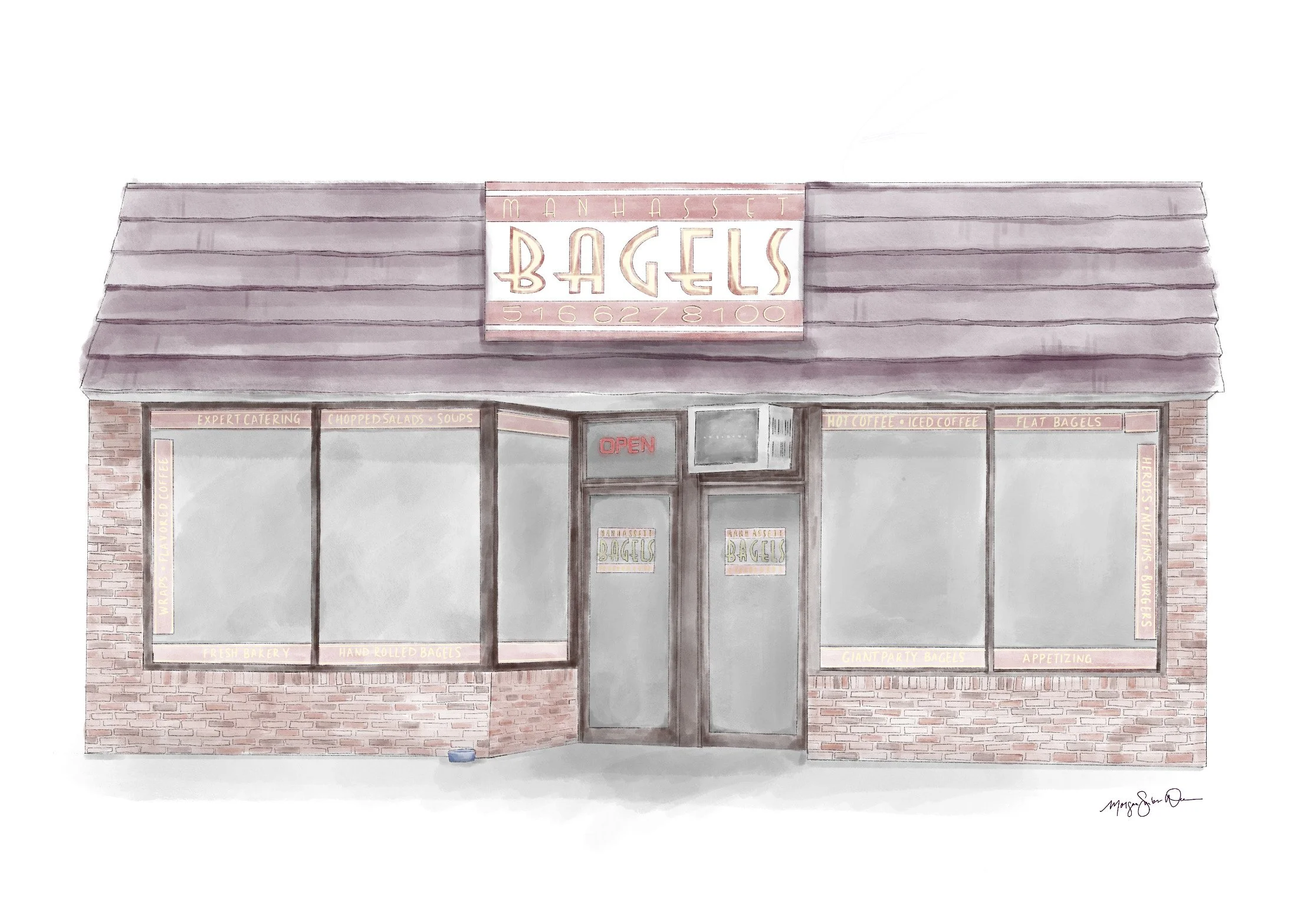 Hand-drawn illustration of a bagel shop with brick walls, large front windows, a central door, and a sign that reads 'Manhasset Bagels' with a phone number. The windows display various signs for catering, salads, soups, coffee, and bagels.
