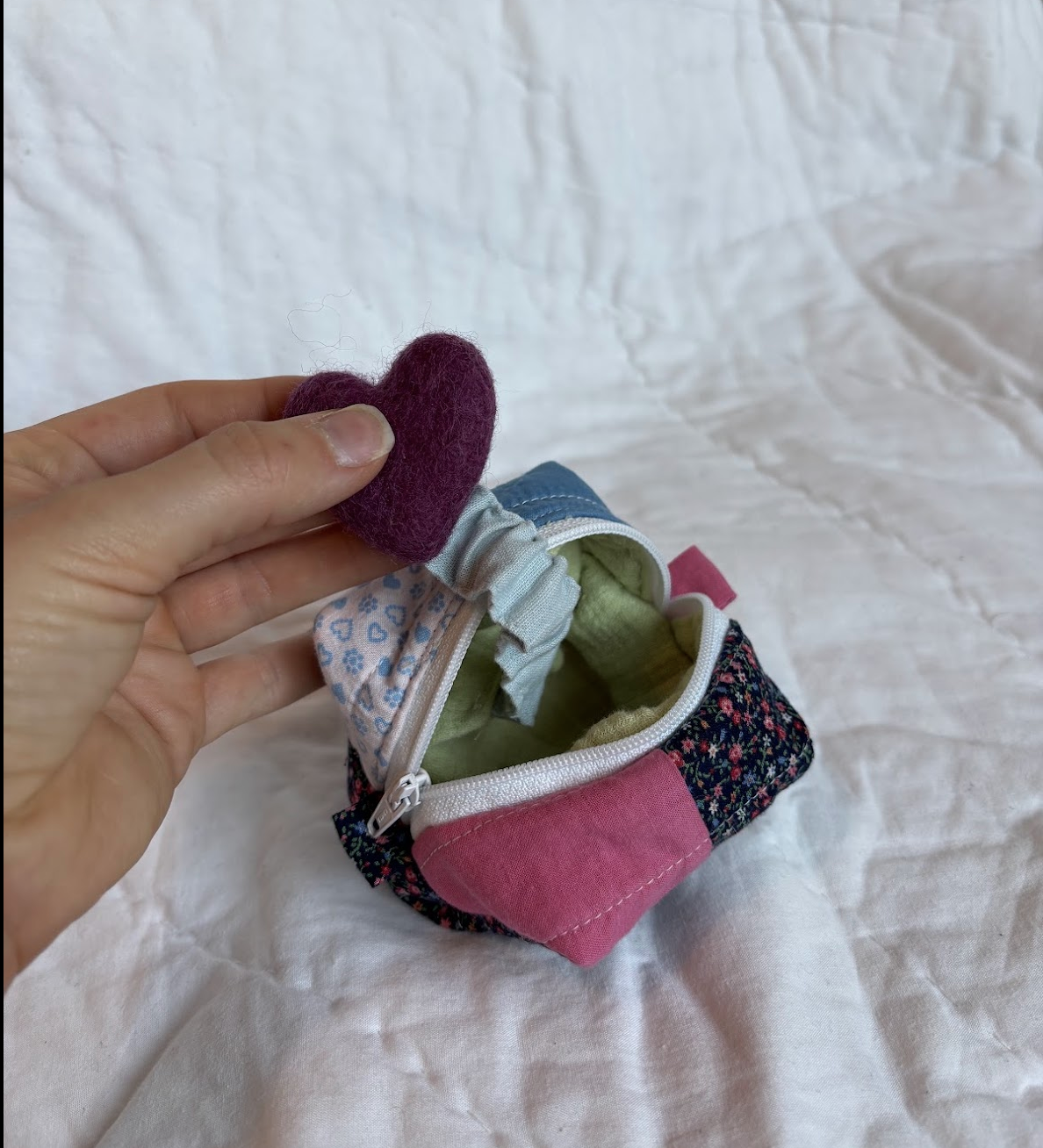 "Love from Home" Keychain Zipper Pouch Upcycled Quilt