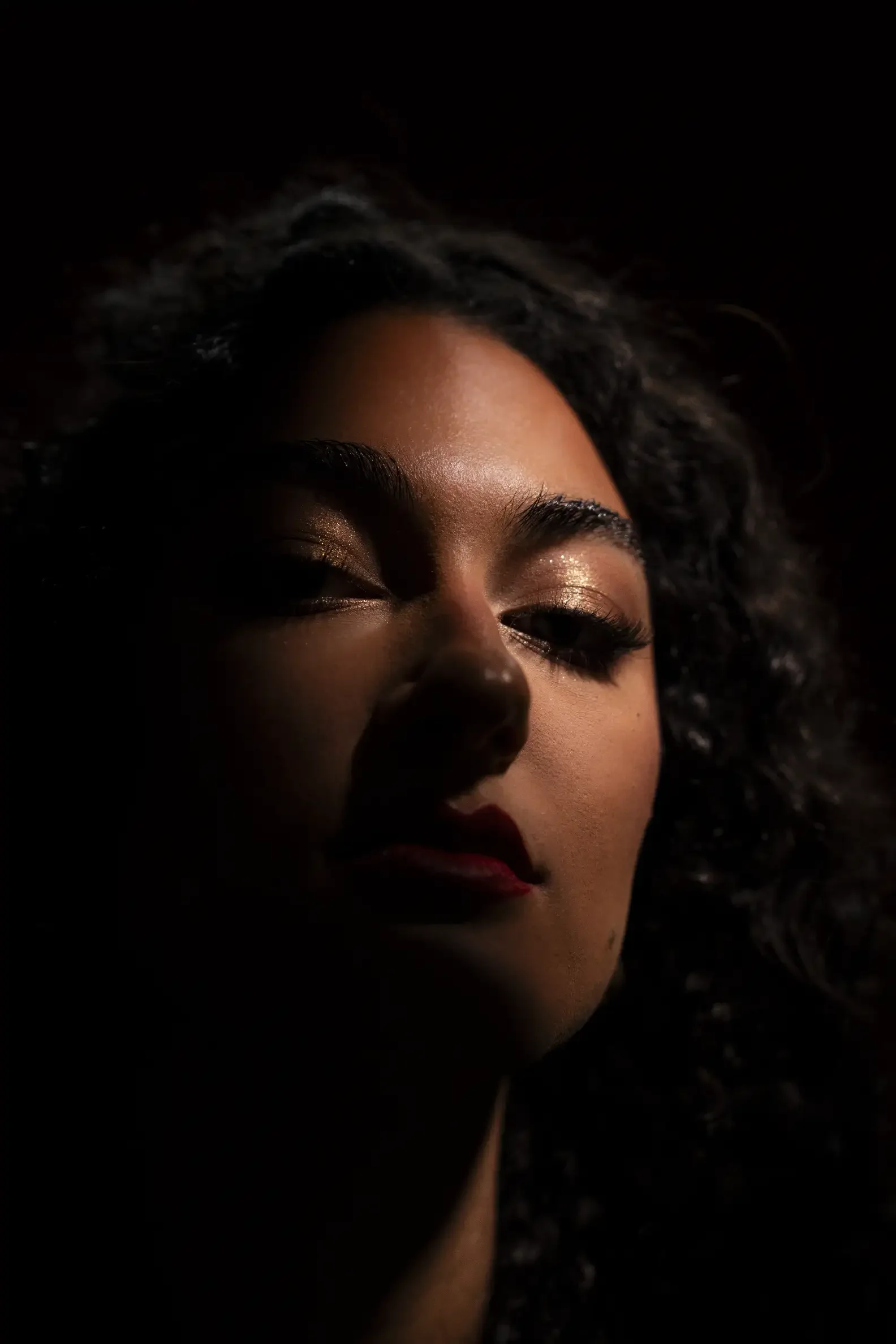 Portrait d'une femme avec un éclairage dramatique, mettant en valeur ses yeux brillants, ses lèvres rouges et ses cheveux bouclés en arrière-plan.