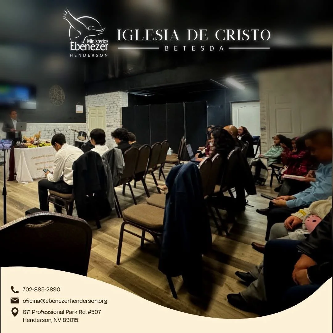 People attending a church service or meeting in a room with chairs facing a speaker at a podium. The church is called Iglesia de Cristo Betesda, part of Ministerios Ebenezer Henderson, located in Henderson, Nevada - Las Vegas, Nevada