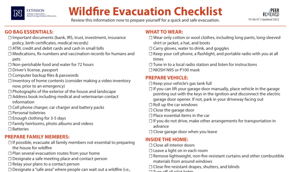 Wildfire Evacuation Checklist
