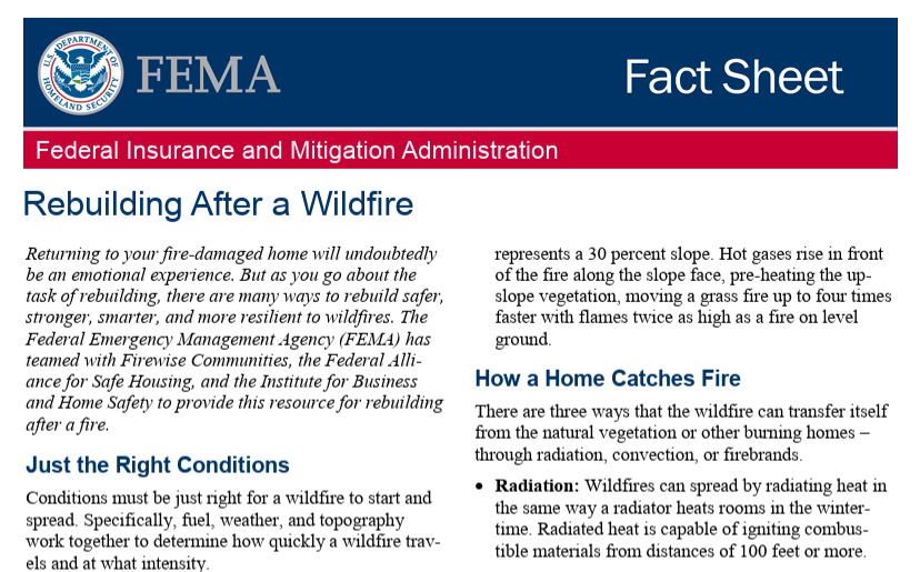 Rebuilding After a Wildfire Fact Sheet (FEMA)