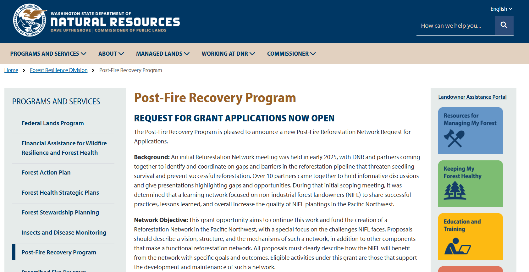 WADNR Post-Fire Recovery Program