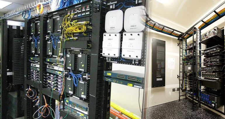 Data center with server racks, network switches, and cabling.