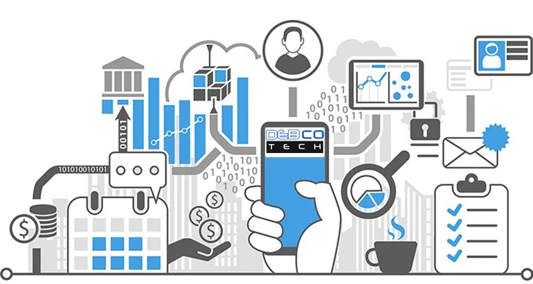 Abstract illustration of financial and technology data with a hand holding a smartphone in the center, surrounded by charts, graphs, a magnifying glass, an envelope, a checklist, and people icons.