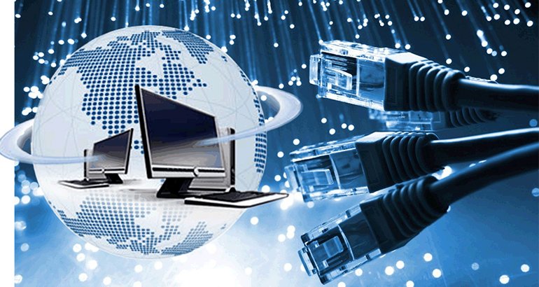 Digital network and internet technology concept with computers, a globe, and Ethernet cables.