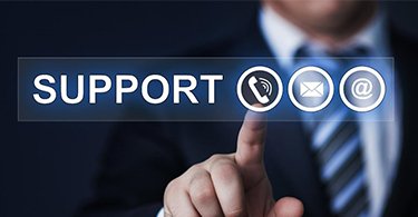 Support section with icons of phone, email, and at symbol.