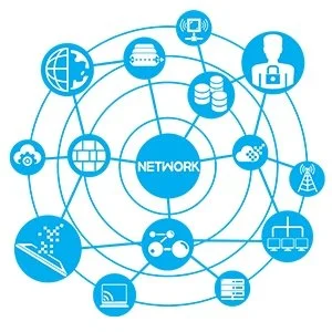 Diagram of a network with interconnected icons representing global communication, cloud storage, a computer, a person, a server, a satellite dish, and other devices.