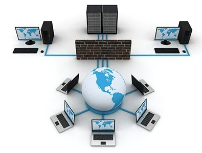 Network diagram with computers, servers, and a globe connected by blue lines.