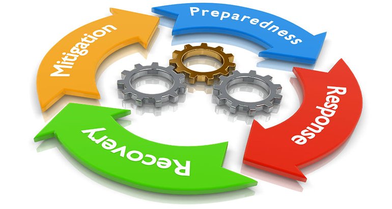 A circular diagram with four colorful arrows labeled 'Preparedness,' 'Response,' 'Recovery,' and 'Mitigation,' with three interconnected gears in the center. The diagram illustrates the emergency management process.