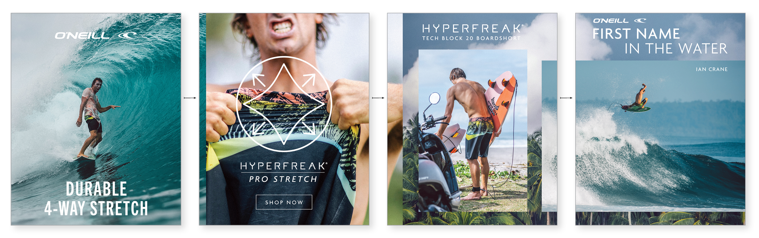 Four advertisements for O'Neill sportswear and equipment, featuring surfers and surfers on the water, and a man carrying a surfboard to a beach.