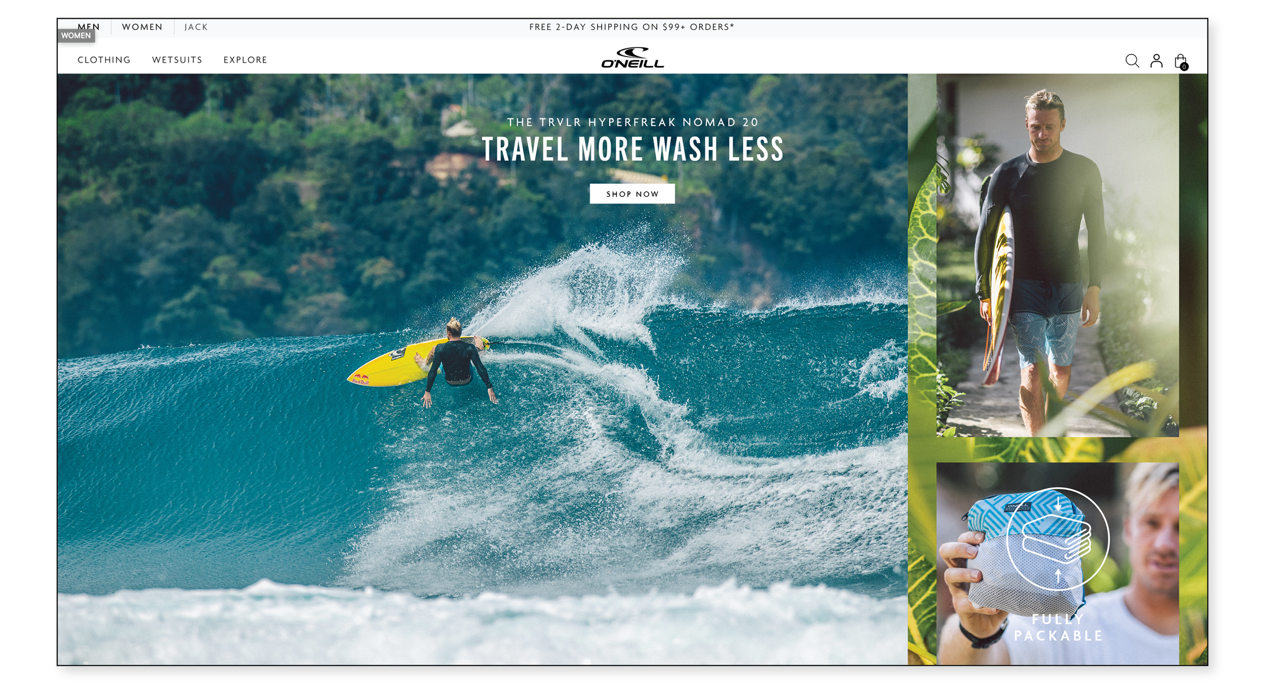 Webpage for O'Neill featuring a large image of a person surfing on a wave, with smaller images on the right showing a man carrying a surfboard and a packed, foldable towel.