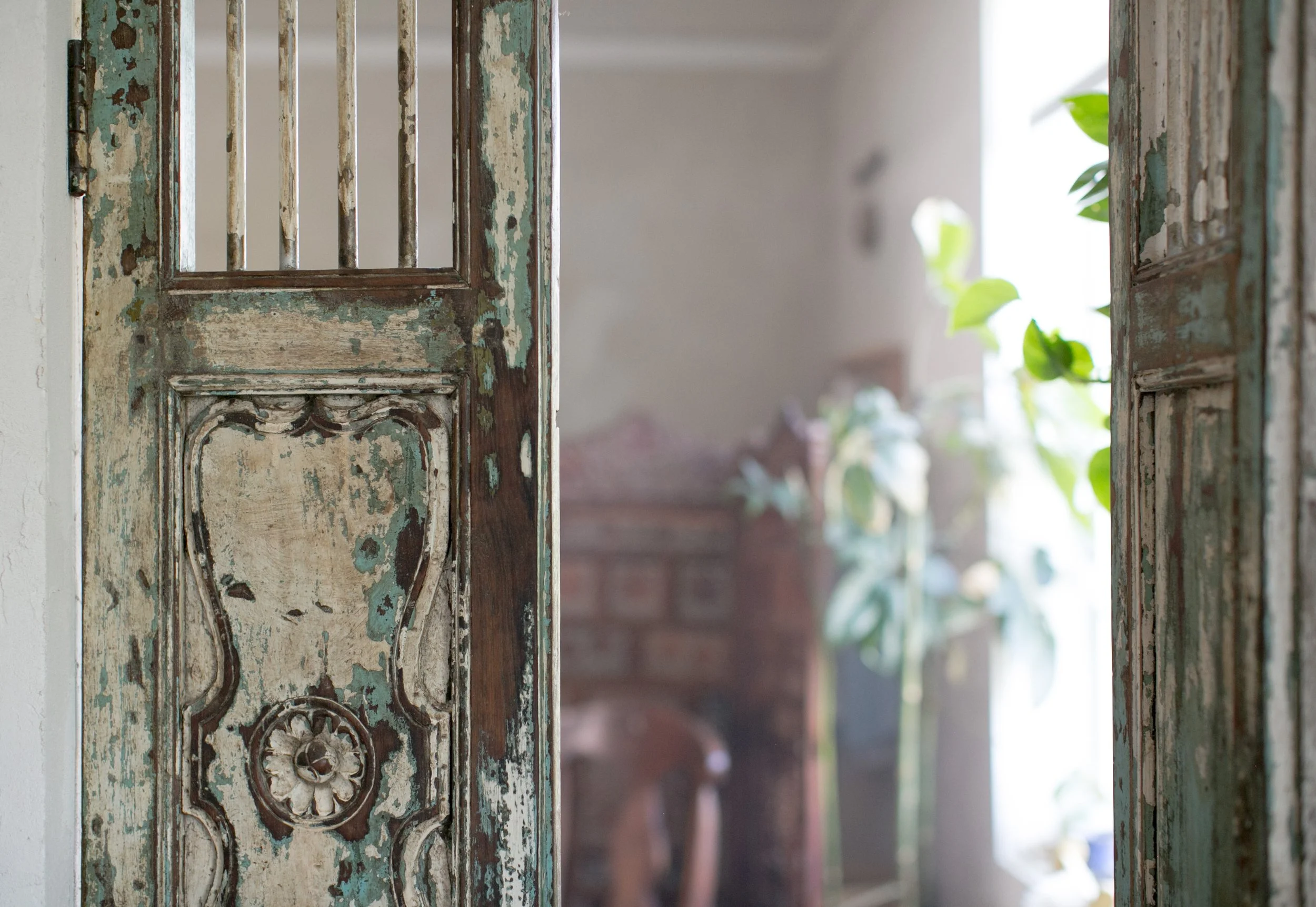 Old vintage doors looking into a healing room.