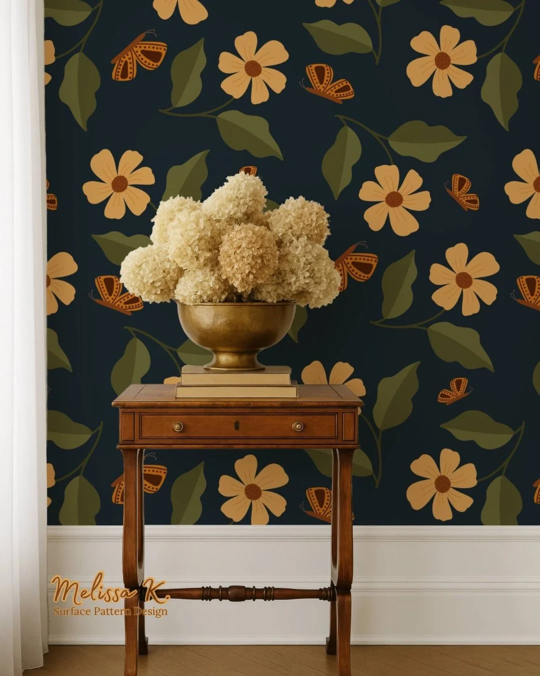 A new wallpaper design freshly uploaded on Spoonflower - hand drawn butterflies with gold flowers on a deep navy background 🌼 🧡

Design IDs: 22854222 (large), 22854327 (med) - head over and check it out!

📍Save for your next home decorating projec