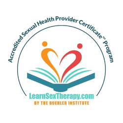 Logo for an accredited sexual health provider certificate, featuring two stylized figures forming a heart over an open book, with the website LearnSexTherapy.com and Buehler Institute branding.