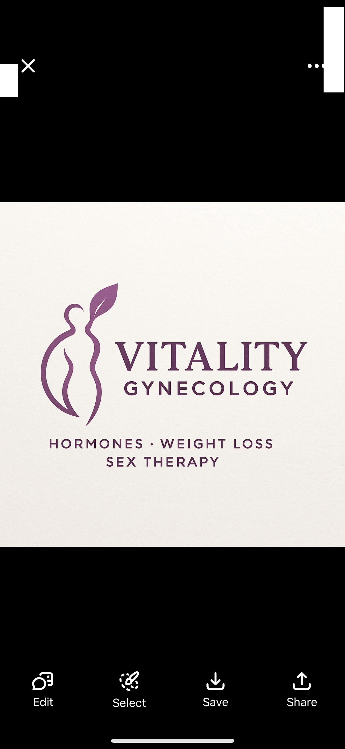 Vitality Gynecology logo featuring stylized purple female figure with leaf, with services including hormones, weight loss, and sex therapy listed below.
