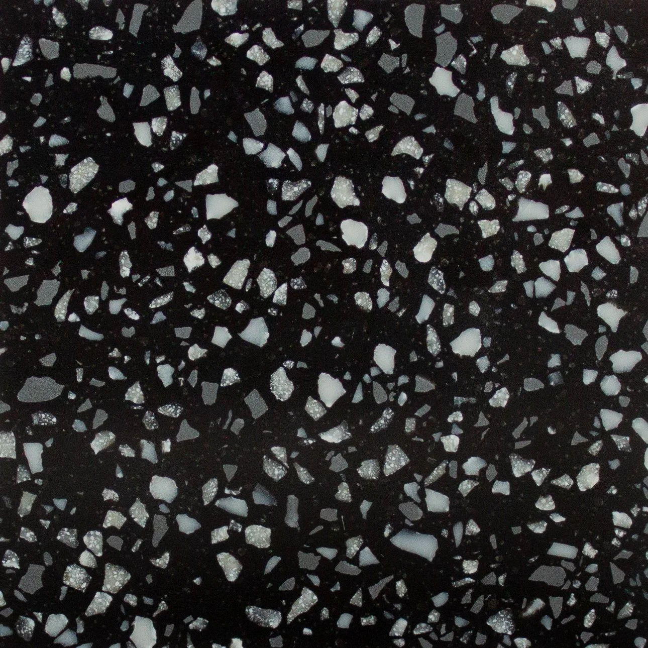Close-up of a speckled black and white Staron Terrazzo Siena surface.