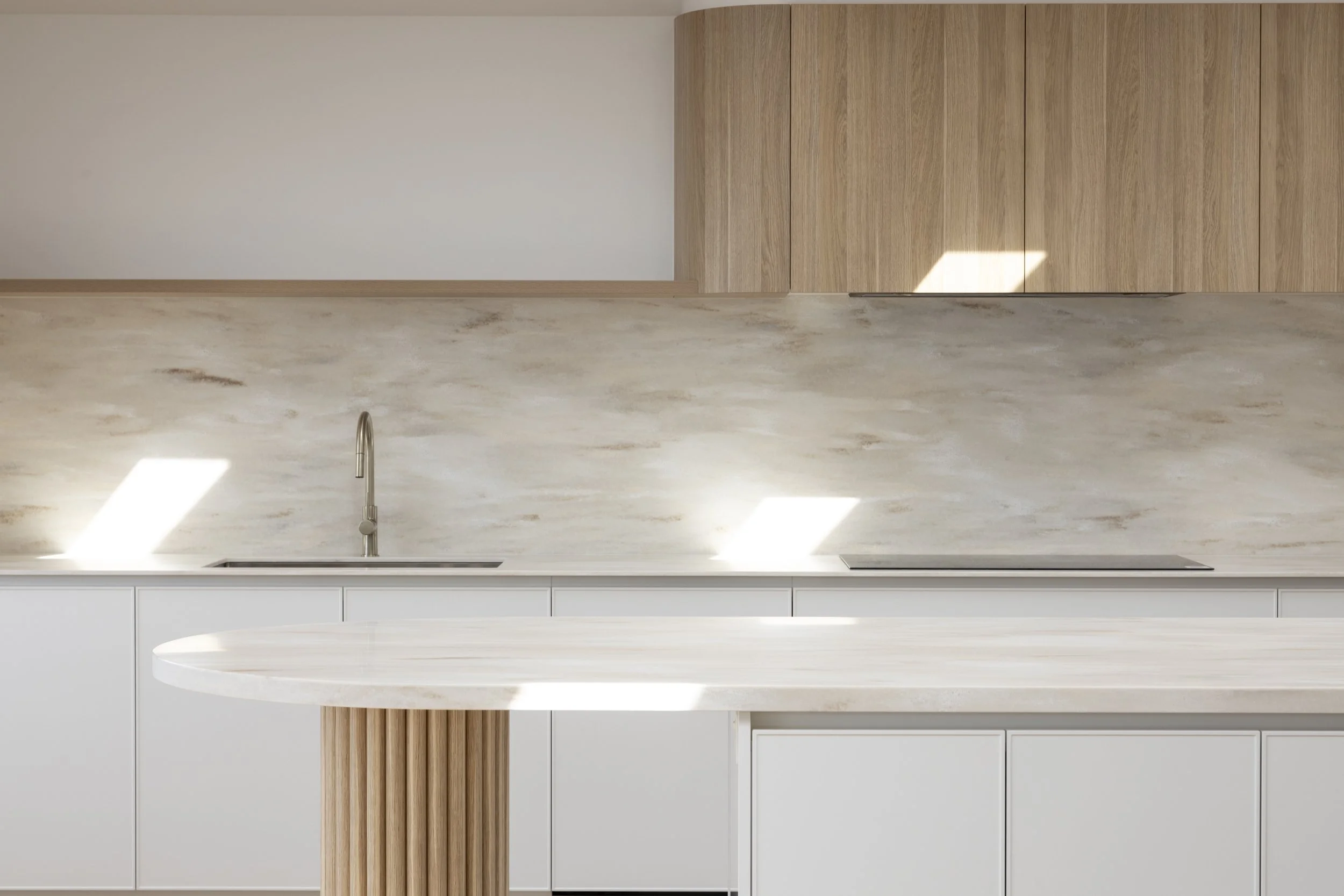 Modern minimalist kitchen with white cabinets, warm Corian Witch Hazel benchtops and splashback, light wood upper cabinets.