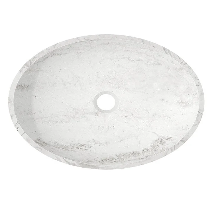 White integrated Corian with a central drain hole.