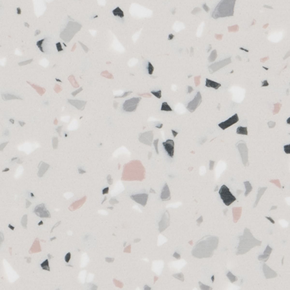 An off-white, grey based benchtop terrazzo material with white, soft pink, grey and black flecks. Meganite Salmon Terrazzo.