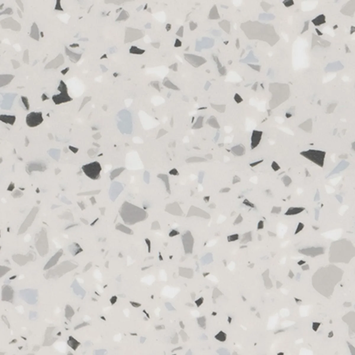 An off-white, grey based terrazzo benchtop material with soft blue, grey, white and black flecks. Meganite Sapphire Terrazzo.