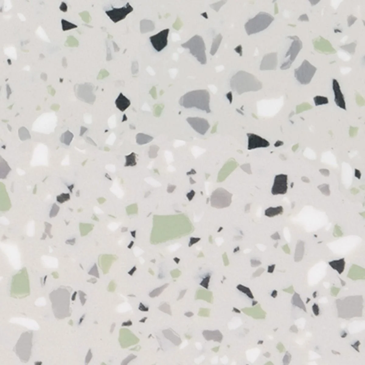 An off-white, grey based benchtop terrazzo material with sage green, white, black and grey flecks. Meganite Sage Terrazzo.