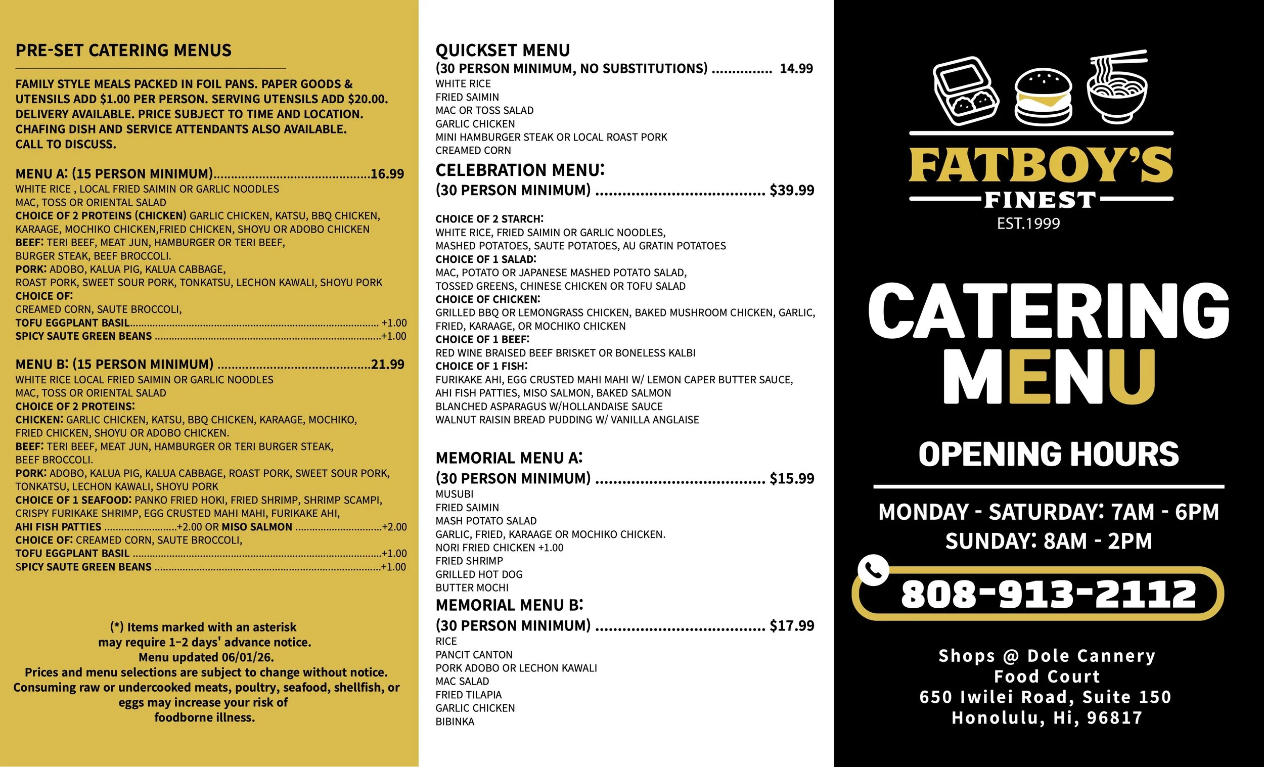 Fatboys Finest Catering Menu