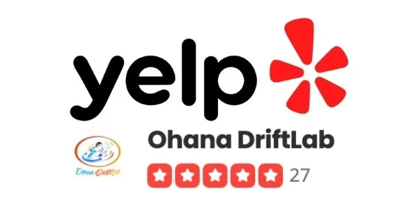 Yelp review for Ohana DriftLab with a 4-star rating out of 5 from 27 reviews, logo of Ohana DriftLab, and a smaller logo of Ohana Center.