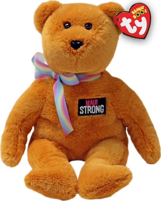A plush Aloha the teddy bear from Ty with a rainbow-colored bow around its neck and a black patch on its chest that reads "MAUI STRONG". The bear has a small black nose, black eyes, and is sitting against a white background.