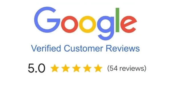 Google logo with the text 'Verified Customer Reviews' and a 5-star rating based on 54 reviews.
