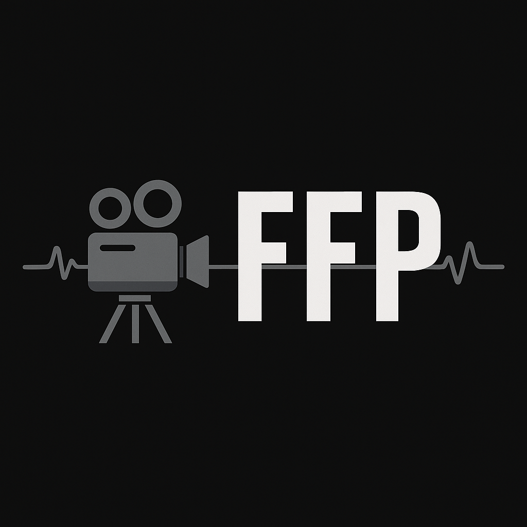 Gray video camera icon with the letters 'FFP' on a black background and a heartbeat line running through the design.
