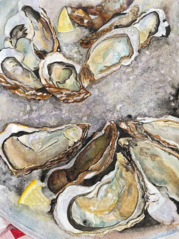 L'huitre, 7 x 7.75", original SOLD: L'huitre is the French word for oyster. When a friend shared a picture of the beautiful oysters she was enjoying on her dream trip in Cussac-Fort-Medoc, France, I knew they need to be immortalized. I integrated mor