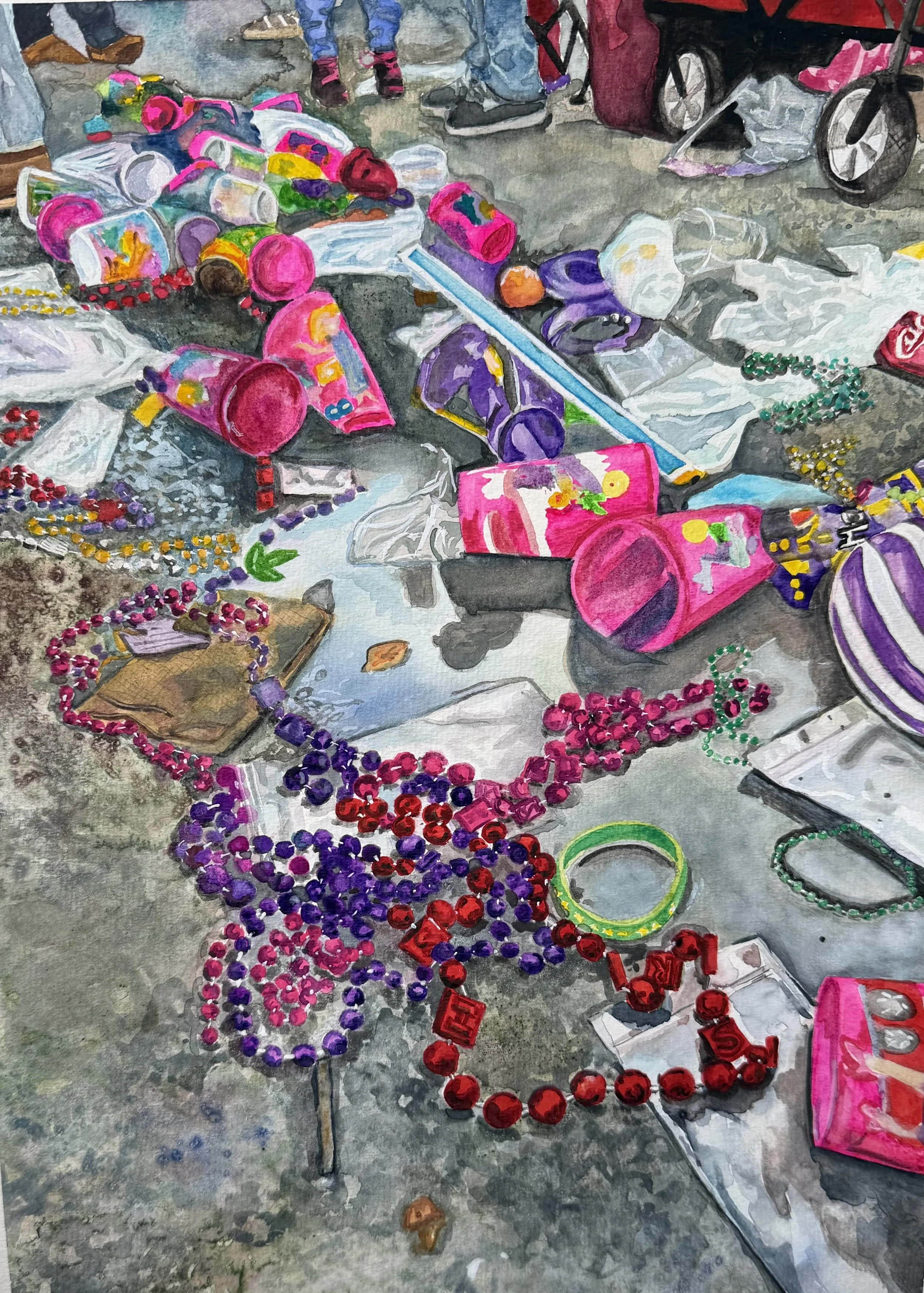 Party's Over, 11 x 15": I took this photo after the Iris parade finished rolling down St. Charles Ave. in New Orleans. A lady stopped me and asked, "Honey, why you taking pictures of all that trash?"