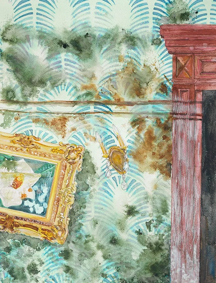 One in Attic, 11 x 14": One in Attic was created for a themed art showcase at WAS-H in honor of the 20th anniversary of Hurricane Katrina, showing the beautiful historic details in the homes of New Orleans against the chaos caused by rushing water, c