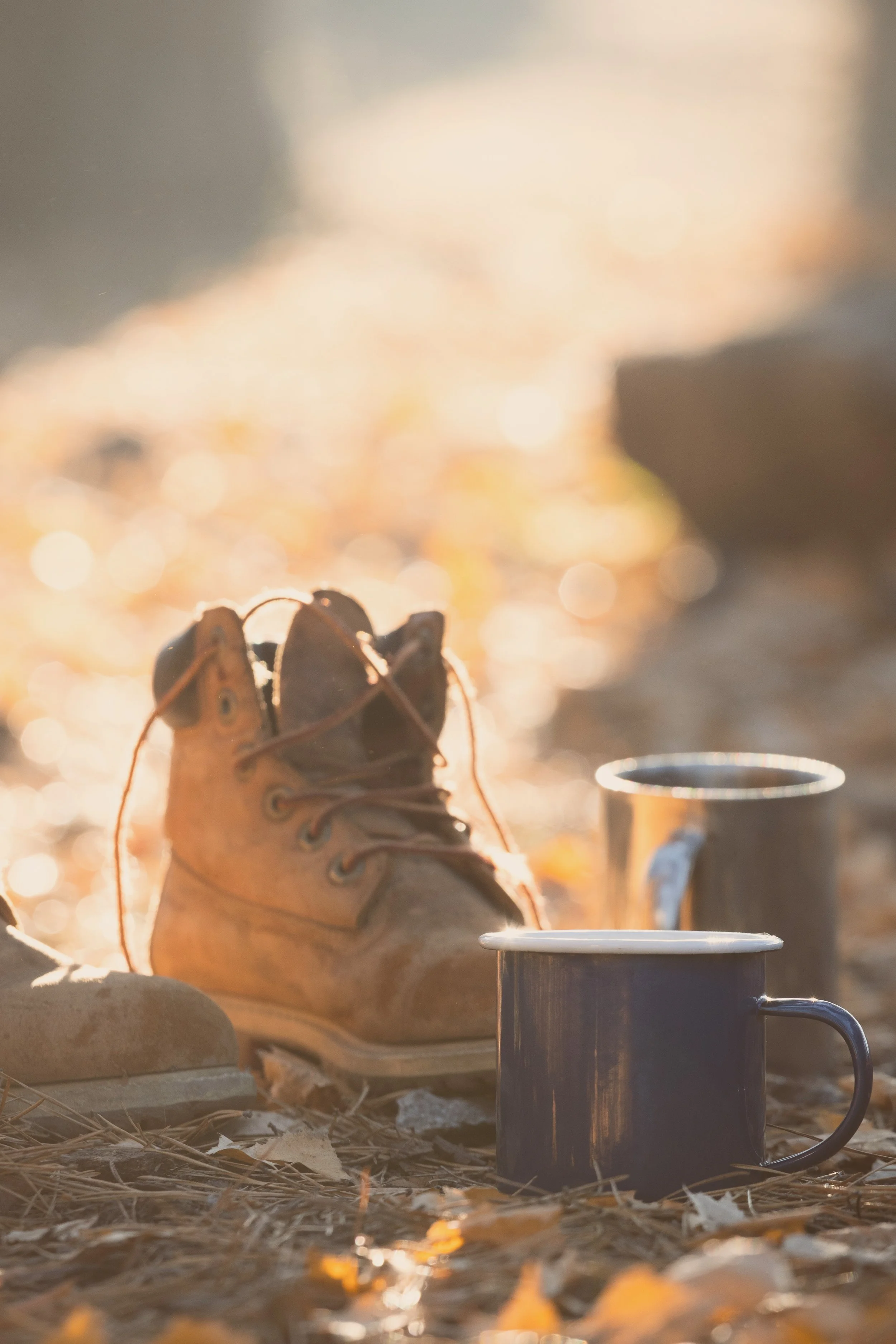 Coaching journey A worn hiking boot, a black enamel mug, and a metal cup placed on a forest floor with fallen leaves, illuminated by warm sunlight.
