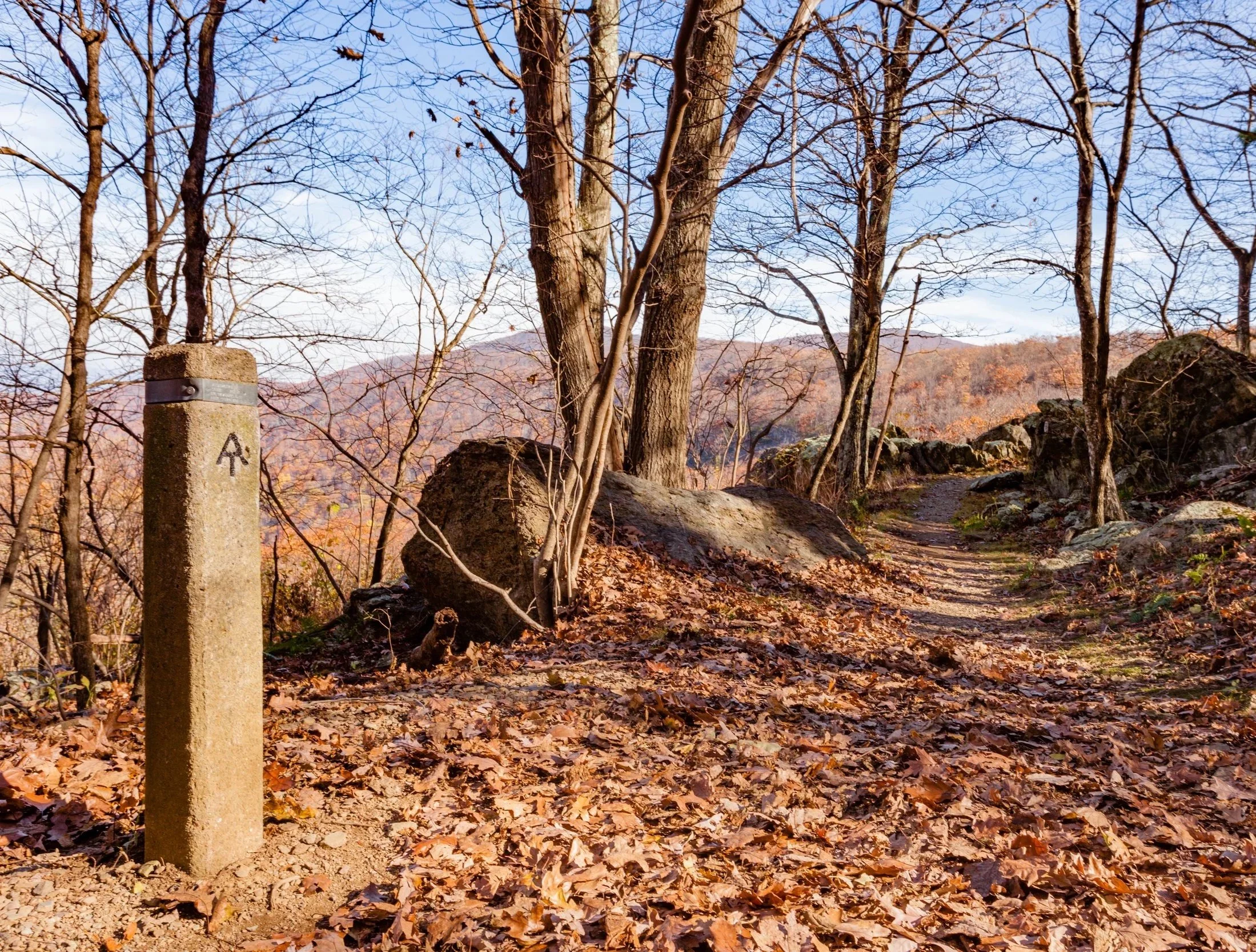 Marking the way of leadership, path A hiking trail in a wooded area during fall, with fallen leaves on the ground, bare trees, large rocks, and a distant mountain in the background. A concrete marker with an arrow is on the left side of the trail.