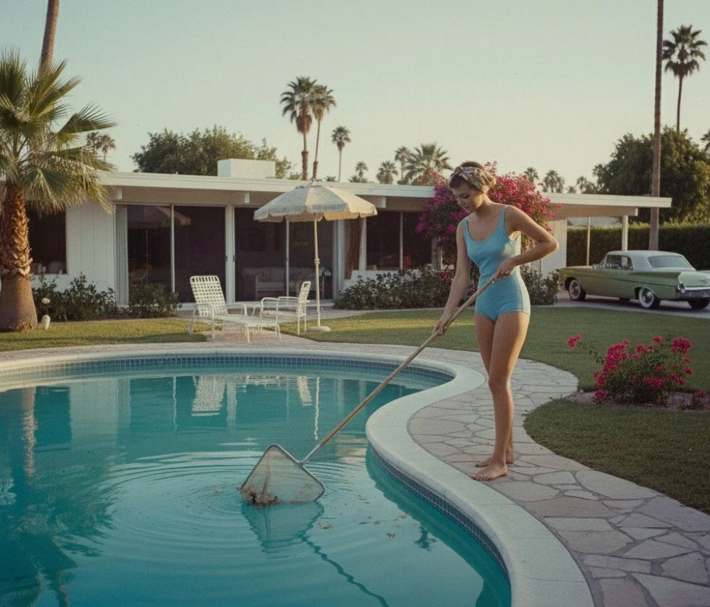 Woman in blue swimsuit cleaning swimming pool in backyard with mid-century house, palm trees, and vintage car in the background.