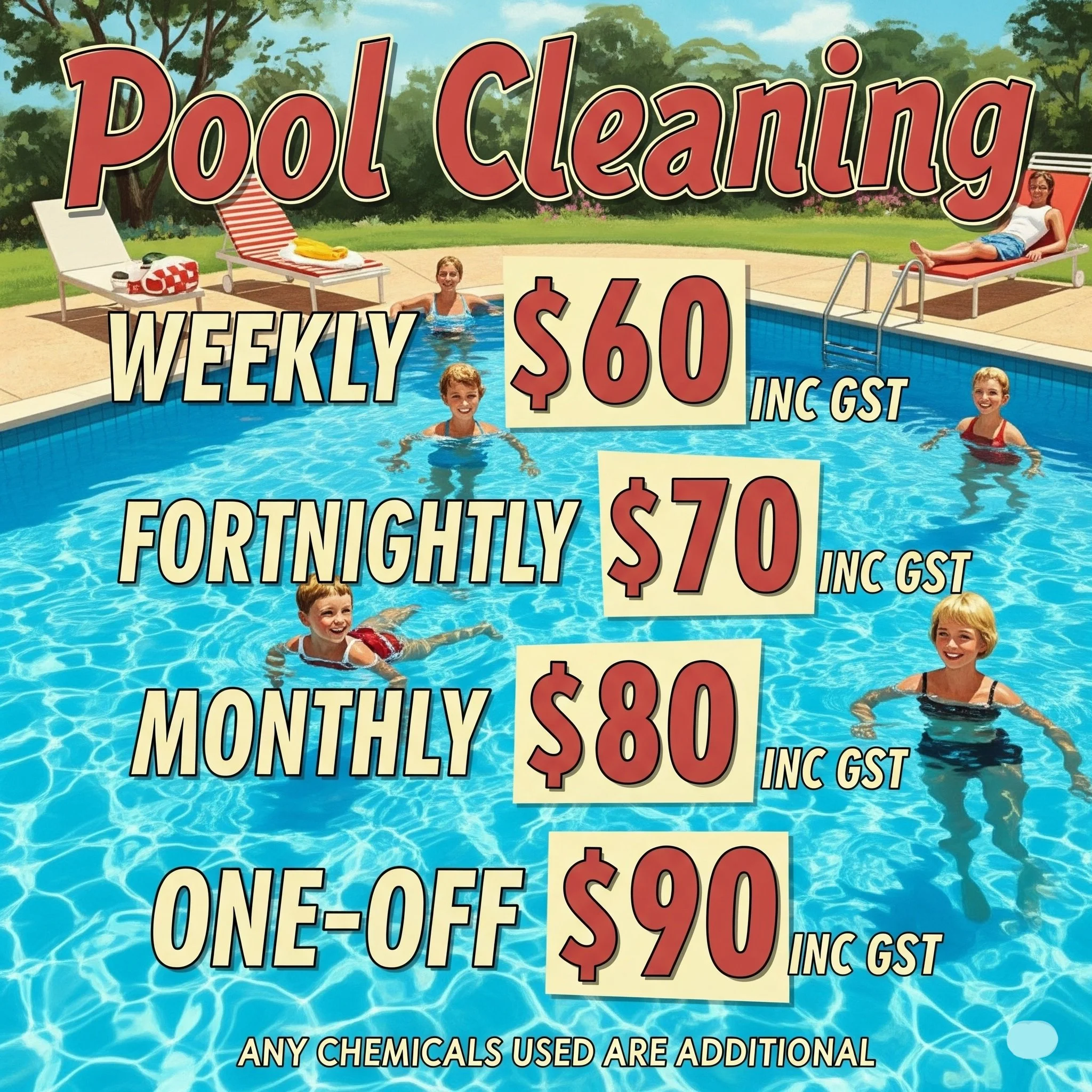 Pool cleaning advertisement with a background of a swimming pool with children swimming and relaxing on poolside chairs. Text details weekly, fortnightly, monthly, and one-off pool cleaning prices, including GST, over the pool image.