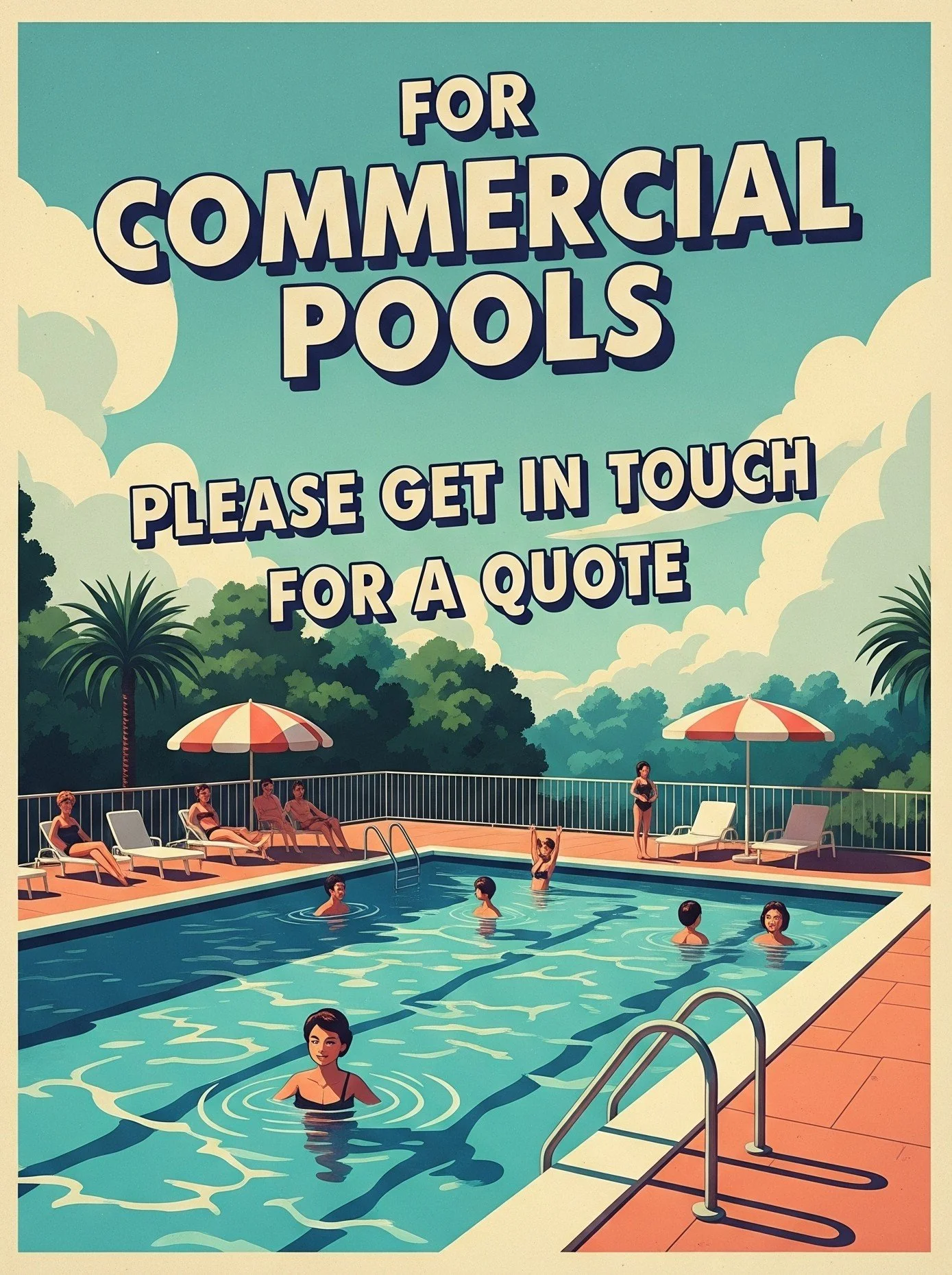Illustration of a swimming pool with people swimming and relaxing under umbrellas, surrounded by trees, with the text 'For Commercial Pools, Please Get in Touch for a Quote'.