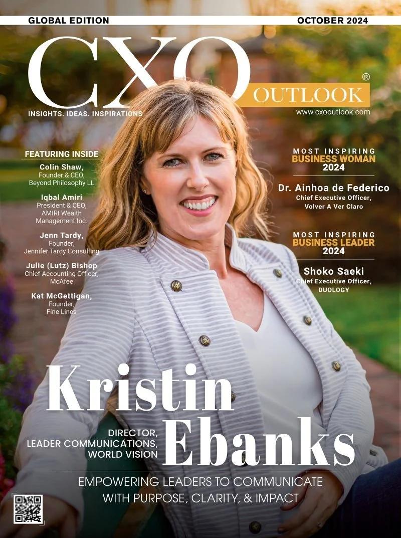 Cover of CXO Outlook magazine, October 2024, featuring Kristín Ebanks, a woman with light brown hair smiling outdoors.