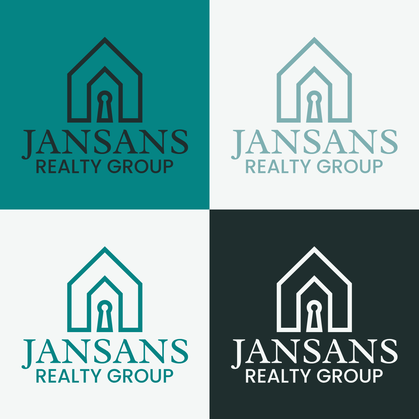 Four variations of a real estate logo for Jansans Realty Group, featuring a house with a keyhole in the center, in different color schemes.