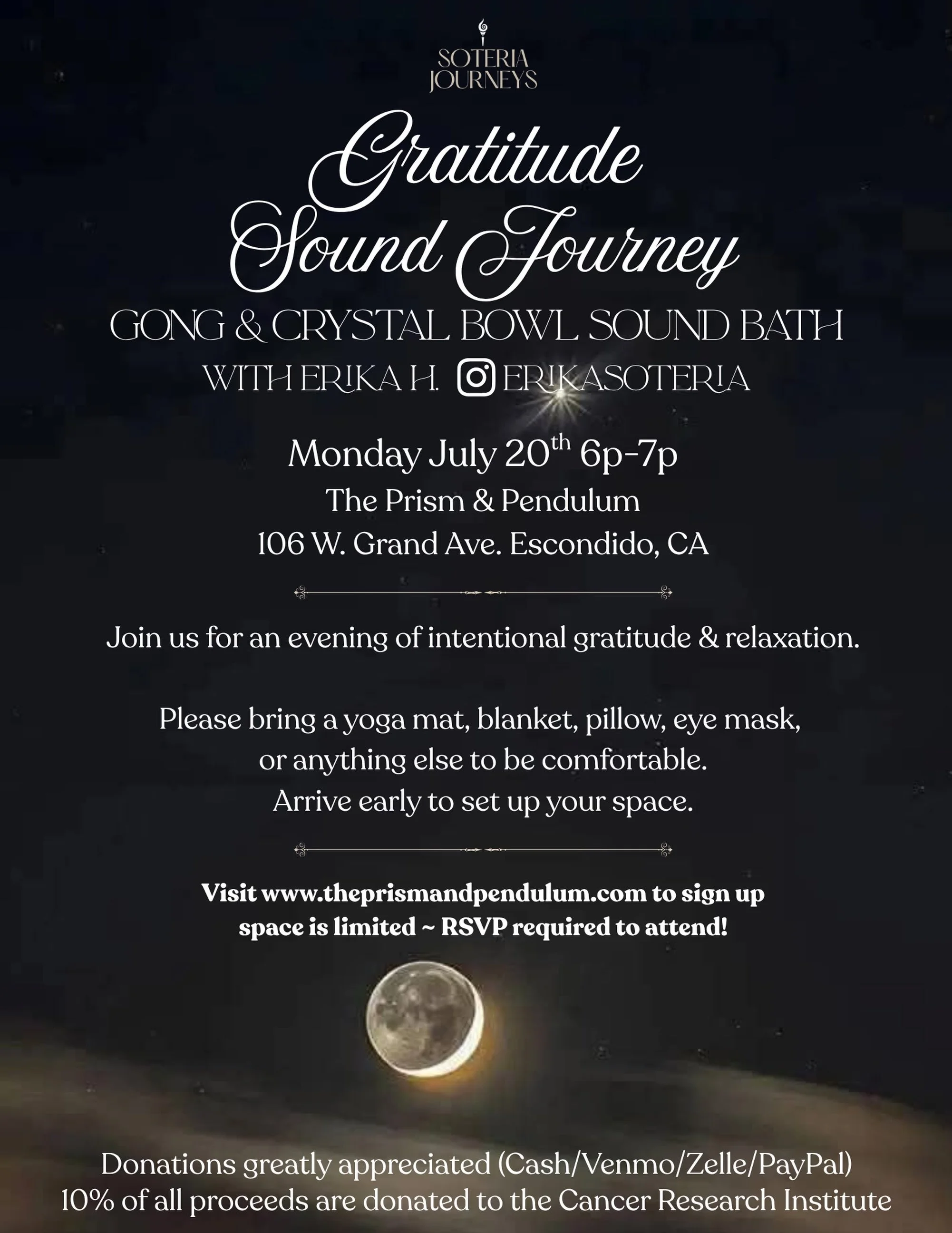 Join us at The Prism &amp; Pendulum on Monday the 20th for the monthly Gratitude Sound Journey 🙏 Leave with a nervous system reset, and hopefully a little gratitude to take home. Donations are not necessary but appreciated - 10% of proceeds are dona