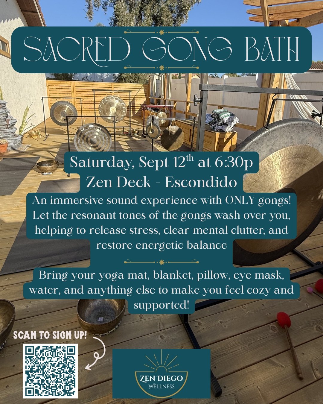 Hiiii everyone!! If you are in San Diego or North County and would like to experience something a lil different, come to this Sacred Gong Bath that we are doing with @zendiegowellness !! It's literally just gongs and metal bowls and absolutely INSANE