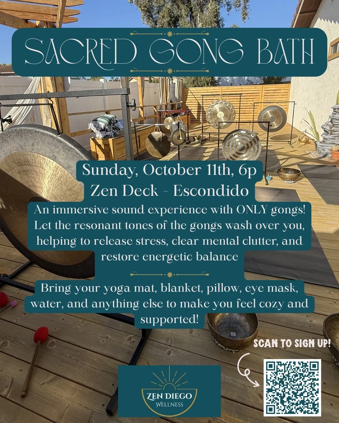 Attention North County and greater San Diego County!!
October's Sacred Gong Bath is here! We will be with @zendiegowellness and on their super special ZEN DECK! A raised yoga deck where you can feel the vibrations all throughout the floor. We are so 