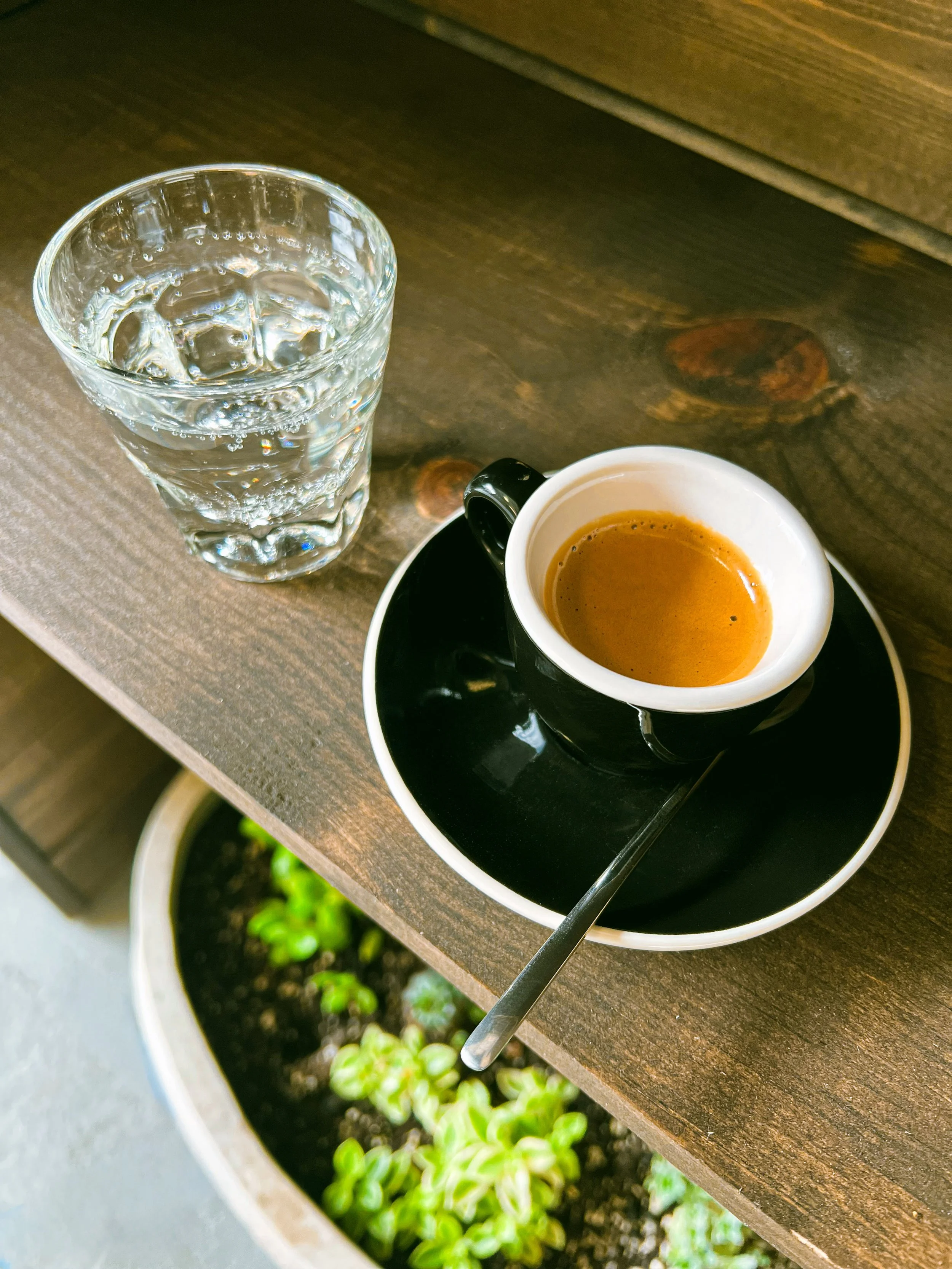 A glass of water and a cup of espresso on a wooden table, with green plants below.