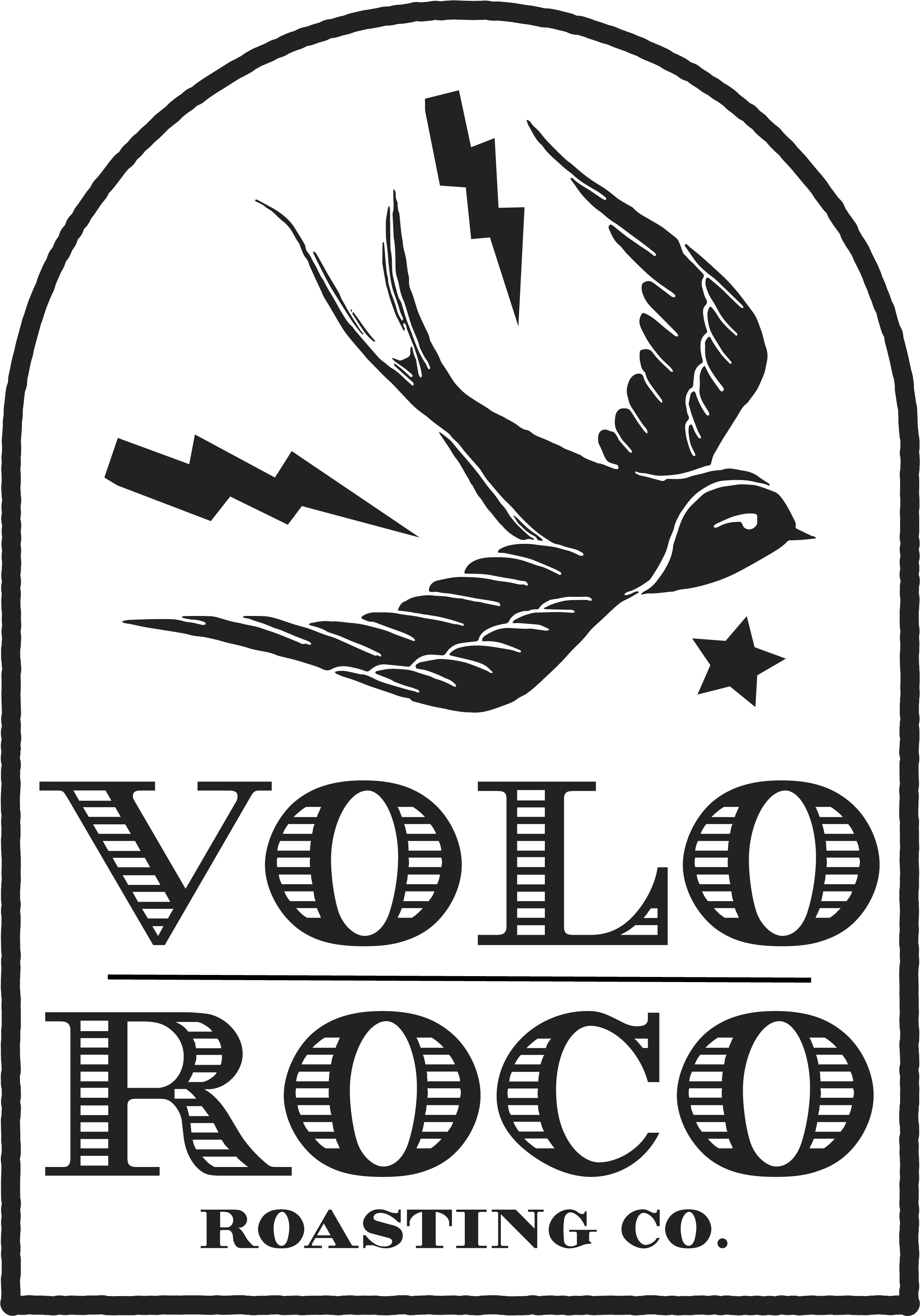 Black and gray logo with a bird in flight, lightning bolts, a star, and the text 'Volo Roco Roasting Co.'