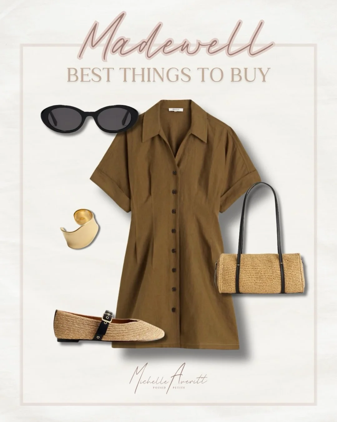 An effortless look with some of my favorite pieces from Madewell! This outfit is perfect for Spring and Summer.

A versatile shirtdress paired with chic sunglasses, a gold cuff bracelet, and matching woven flats and purse.

Spring outfit idea, Petite