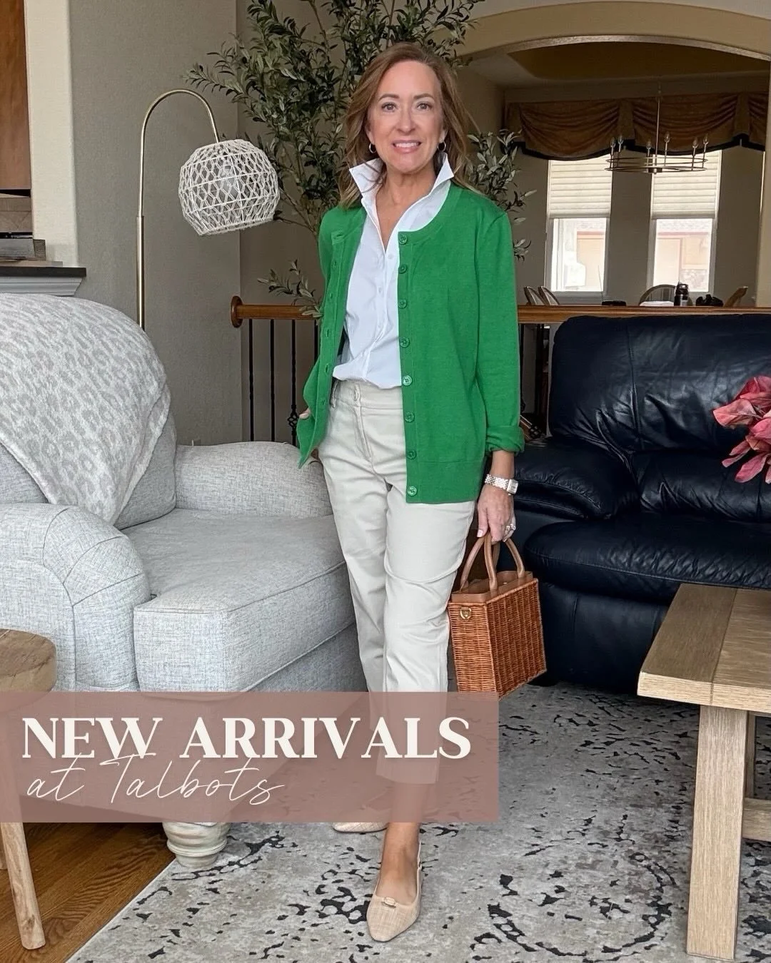 Need to update your wardrobe? These are my top picks from Talbots new arrivals!

A versatile caradigan layers perfectly with a sleeveless button down and a sleek pair of slacks! The wicker leather bag and neutral flats are a great addition for spring