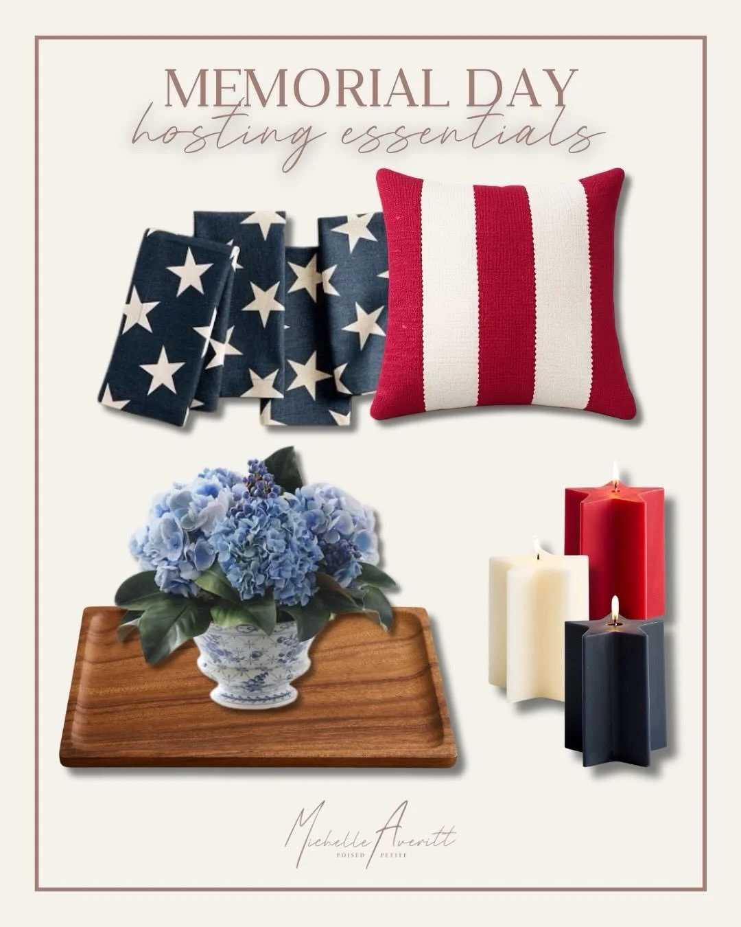 My essentials for hosting a Memorial Day celebration! These are beautiful finds for an elevated American themed party. 

Napkins, pillows, and candles for the perfect nod to the Stars and Stripes. An elegant blue vase holding faux hydrangeas and a pl