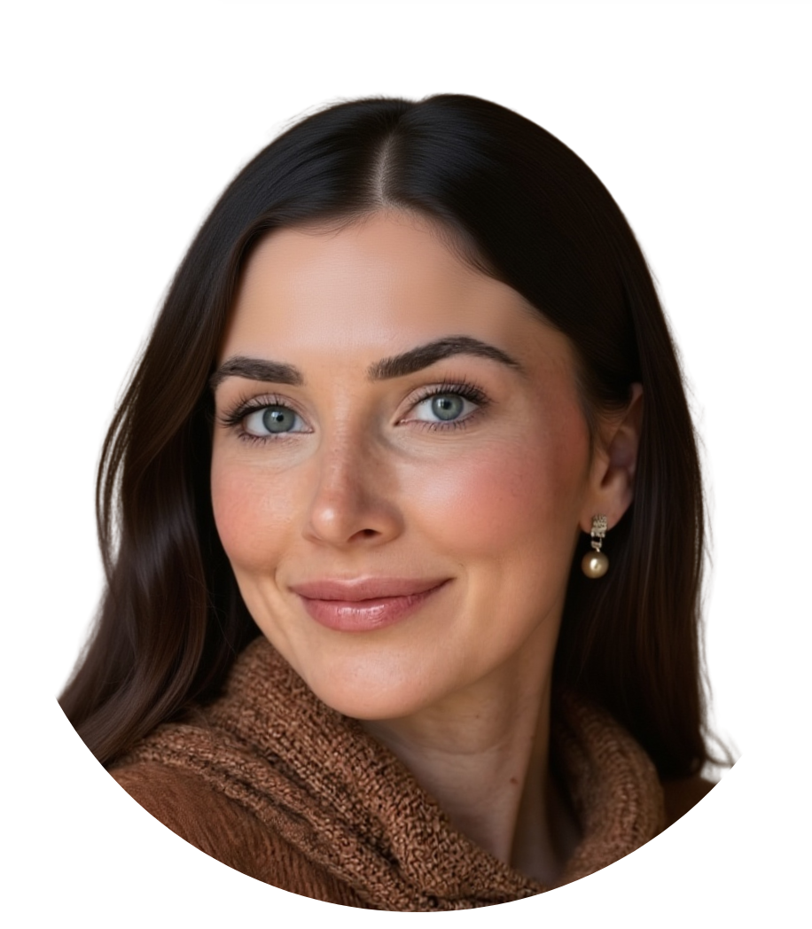 Close-up portrait of a woman with long dark hair, blue eyes, and light makeup, wearing pearl earrings and a brown sweater, smiling against a white background.